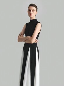 Ontre Women's 2025 Spring New Arrival Stand Collar Sleeveless Black&White Patchwork Dress, Elegant Fashion Party Gown