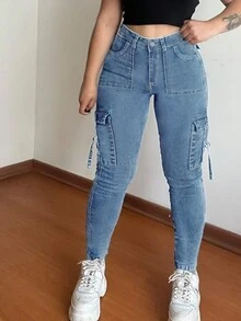 Quần jeans ống bó đơn giản Y2K dành cho nữ, mùa thu - Rửa nhẹ - Xem 2