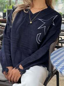 SHEIN EZwear Star Pattern Drop Shoulder Distressed Trim Sweater - Navy Blue - View 5