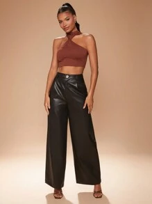 SHEIN Haute 扭纹前挂脖领上衣 - 酒紅色 - 查看 4