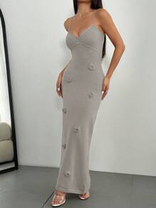 Chiquease Robe nuisette en tricot avec nœud dans le dos, col en V, floral 3D brodé, pour femmes - Gris - Voir 4