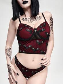ROMWE Gothic Dark Bat Embellished Underwear Set With Underwire - Burgundy - View 2