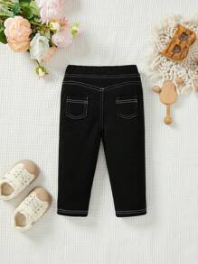 SHEIN Baby Girls All-Match Solid Color Thermal Lined Leggings Cute Black Elastic Knit Letter Pattern Drawstring Waist Pants, Soft Comfortable Stretchy Warm Pants For Spring, Fall And Winter - Black - View 2