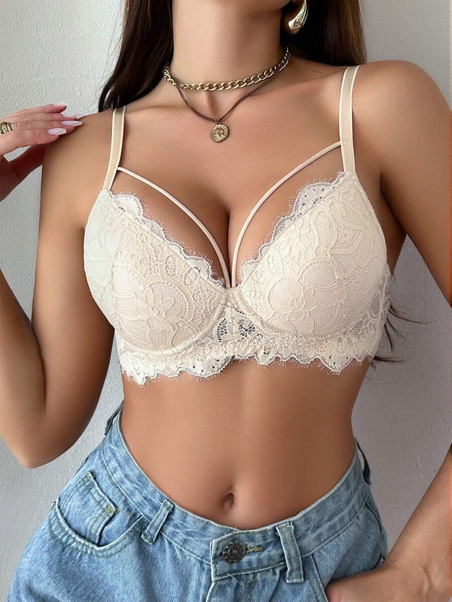 女士蕾丝撞色镂空细肩带文胸