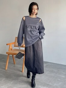 FRIFUL Sudadera gruesa con forro térmico y diseño de corte con letras para mujer, otoño e invierno - Gris - Ver 4