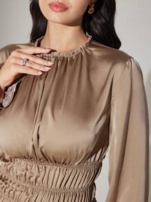 Veilorie Women Plain Round Neck Long Sleeve Pleated Minimalist Casual Arabian Modest Dress - Coffee Brown - View 7