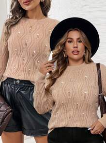 SHEIN Clasi Plus Size Women Beige Elegant Round Neck Hollow Out Crochet Pearl Decorative Pullover Sweater, Autumn