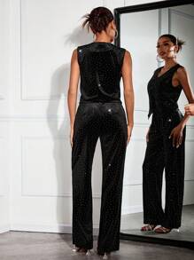 SHEIN SXY Elegant Sparkling Velvet Rhinestone Embellished Ladies Suit Set For Party - Black - View 2