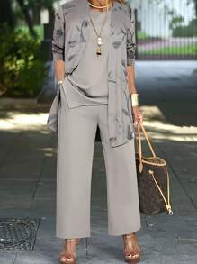 3pcs Women Floral Print Cardigan, Solid Color Sleeveless Top & Pants Elegant Set Spring Vacation - Grey - View 1