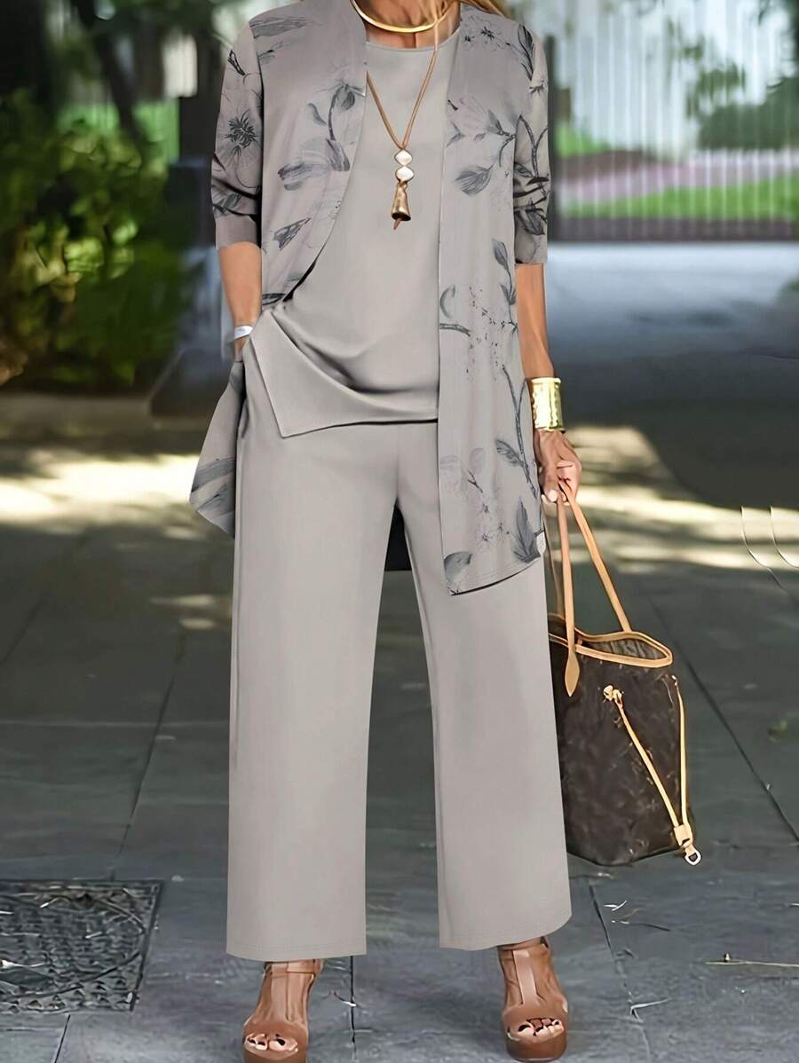 3pcs Women Floral Print Cardigan, Solid Color Sleeveless Top & Pants Elegant Set Spring Vacation - Grey - View 1