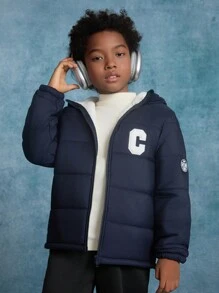 SHEIN Tween Boy Woven Monogram Print Round Patch Hooded Thick Warm Casual Jacket