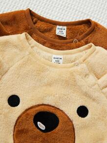 SHEIN 2pcs Newborn Baby Girl Adorable Fuzzy Cartoon Print Long Sleeve Bodysuit Set, Autumn & Winter - Multicolor - View 3