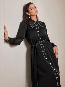 Veilorie 女士拼色饰边前纽扣系带优雅长袖连衣裙 - 黑與白 - 查看 2