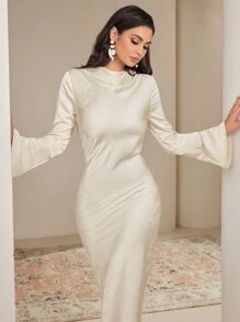 Veilorie Women's Turtleneck Flare Sleeve Solid Color Fishtail Hem Elegant Dress Modest - Apricot - View 2