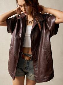 Bohemela Vestido de camisa de manga larga oversize de unicolor PU para mujer, Top de manga corta - Marrón - Ver 1