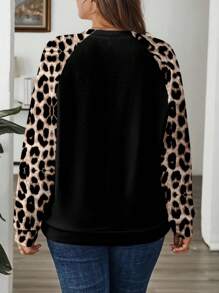 EMERY ROSE Casual Loose Fit Leopard Print Plus Size Crew Neck Long Sleeve Sweatshirt, Suitable For Summer - Black - View 3