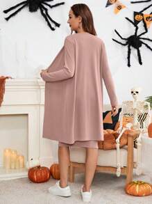 SHEIN MaterniWear 2pcs Casual Autumn Maternity Outfit Cardigan Dress Set - Khaki - View 2