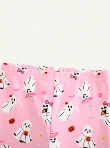 Cozy Pixies 2pcs Baby Girl Snug Fit Halloween Ghost Print Knitted Crew Neck Sweatshirt And Pants PJ Set - Pink - View 6