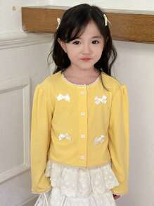DAZY Young Girl Casual Round Neck Long Sleeve T-Shirt With Bow Decor, Autumn & Winter - Yellow - View 4