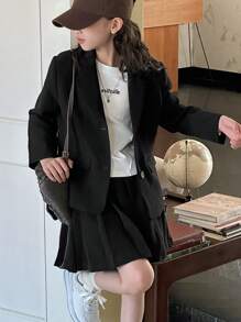 DAZY Set de 2 piezas con blusa de manga larga con botones al frente y falda evasé de unicolor para niña preadolescente