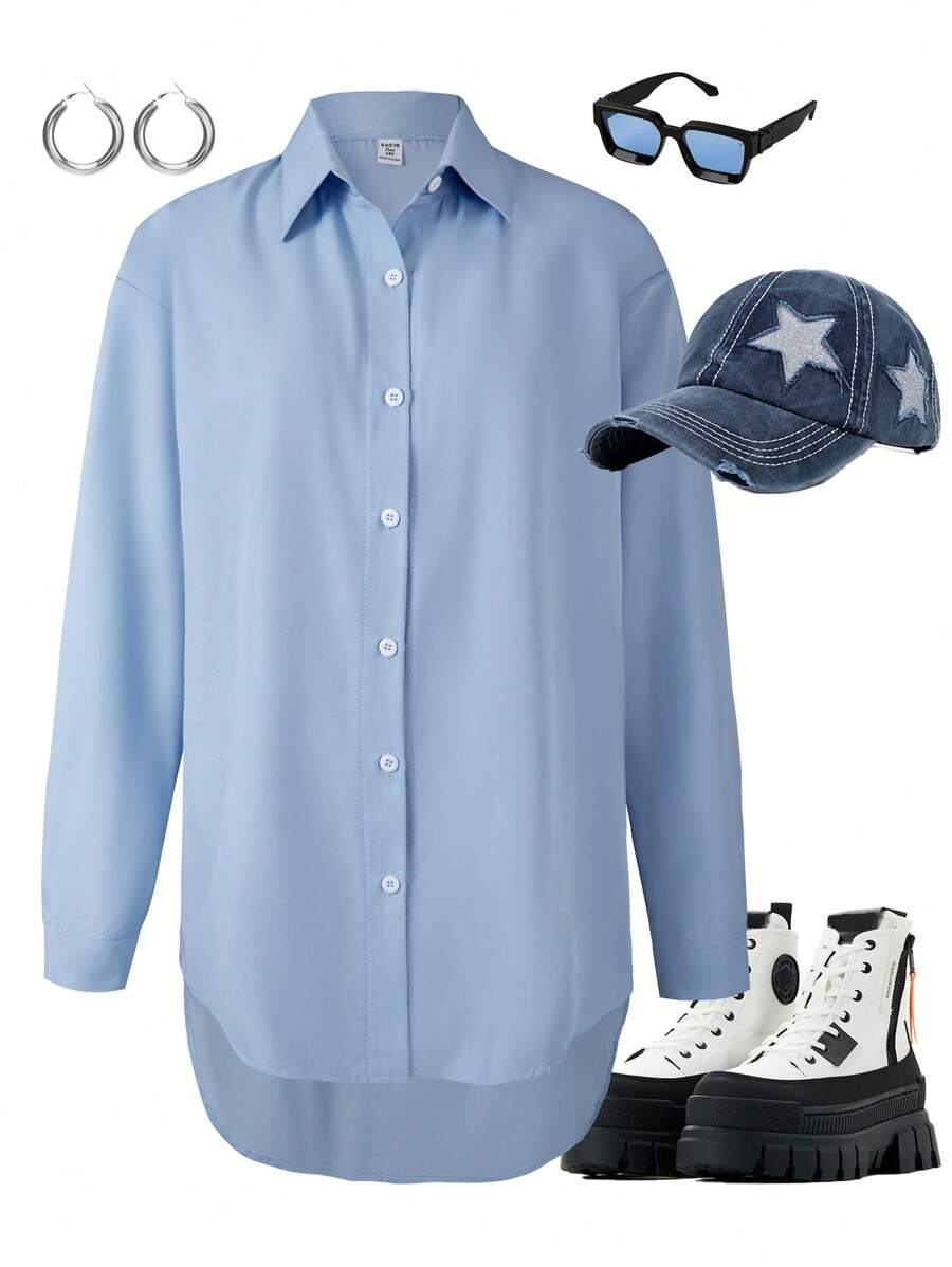 SHEIN Teen Girl Casual Basic Preppy Elegant Pleated Ruffled Collar Long Sleeve White Blouse For Girls, Suitable For Autumn, Winter, School, Back To School Season, Party, Stage Performance, Awards Ceremony, Daily Wear - Blue - View 1