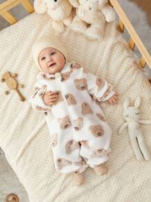 SHEIN Newborn Baby Boy Cute Cartoon Hooded Plush Jumpsuit Suitable For Autumn And Winter Home & Outdoor Wear