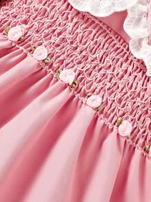 SHEIN Baby Girl Solid Color Patchwork Long Sleeve 3D Floral Decor Dress - Pink - View 4