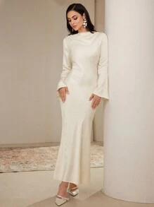 Veilorie Women's Turtleneck Flare Sleeve Solid Color Fishtail Hem Elegant Dress Modest - Apricot - View 6