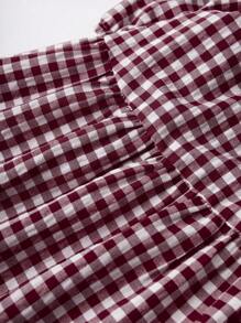 Breezaya Đầm dài thường ngày đơn giản, cổ tròn, tay bồng, xếp ly, kẻ caro - Màu Đỏ Sâu - Xem 8