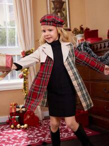 SHEIN 1pc 圣诞节年轻女孩休闲通勤杏色拼接红色格子和卡其色格子不对称设计腰部收腰外套套装配贝雷帽，秋季