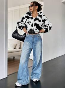 Comfortcana Women's New Autumn Cow Print Fluffy Hooded Cardigan Jacket - Black and White - View 4