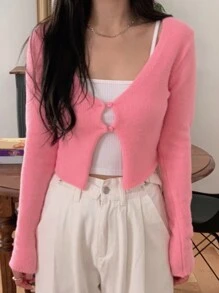 DAZY Women's Solid Color V-Neck Cropped Fitted Cardigan Sweater,Fall Clothes - Pink - View 4