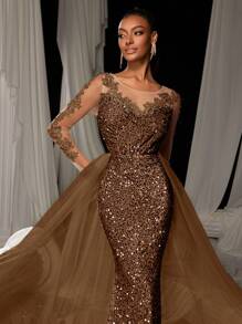 Elisanya Elegant Sequin-Glitter Mermaid Tail Gown With Floral Embroidery & Flowing Tulle Train | Luxury Evening Dress For Black Tie Galas, Weddings - Rust Brown - View 6