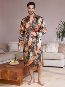 Manfinity ChillVibe Men's All-Over Print Waist Tie Long Sleeve Bathrobe - Multicolor - View 5