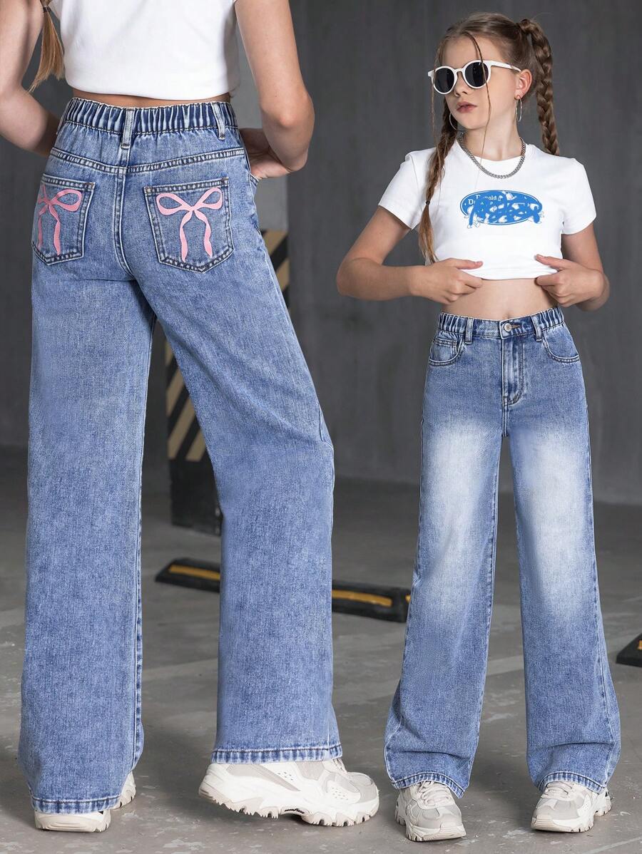 Tween Girl Bow Print Denim Jeans | SHEIN