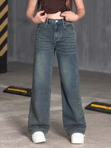 SHEIN Explorewe Tween Girl All-Match Classic Retro Distressed Washed Wide Leg Denim Jeans Summer Holiday - Medium Wash - View 5