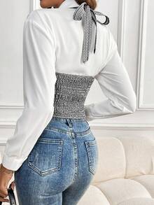 SHEIN Clasi Camiseta sin espalda con cuello de halter y estampado de cuadros elegante para mujer - Blanco y Negro - Ver 2