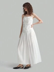 Ontre 白色浪漫刺绣蕾丝雪纺连衣裙，花朵女装 - 白色 - 查看 4