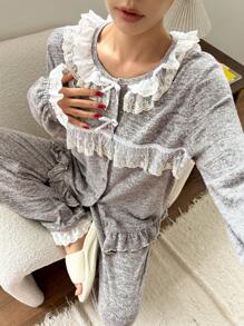 DAZY Sweet Bow Accent Floral Trim Pajama Set - Grey - View 3