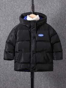 Young Boy Casual Color Blocking Trim Decor Hooded Thick Padded Warm  Winter Jacket - Khaki - View 1