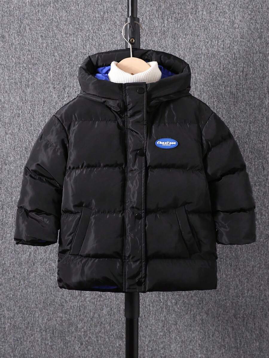 Young Boy Casual Color Blocking Trim Decor Hooded Thick Padded Warm Winter Jacket - Khaki - View 1