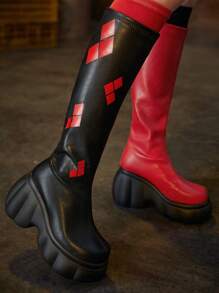 Harley Quinn | ROMWE 1 para  Tematyczne, drukowane, bardzo elastyczne, dwukolorowe, damskie buty do kolan na jesień - Wielokolorowe - Zobacz 5