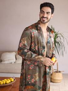 Men's Floral Print Robe With Belted Waist - Multicolor - View 3