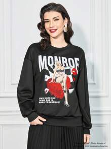 Marilyn Monroe X SHEIN Women's Casual Figure & Slogan Print Loose Relaxed Fit Black Sweatshirt, Spring Autumn - Black - View 1