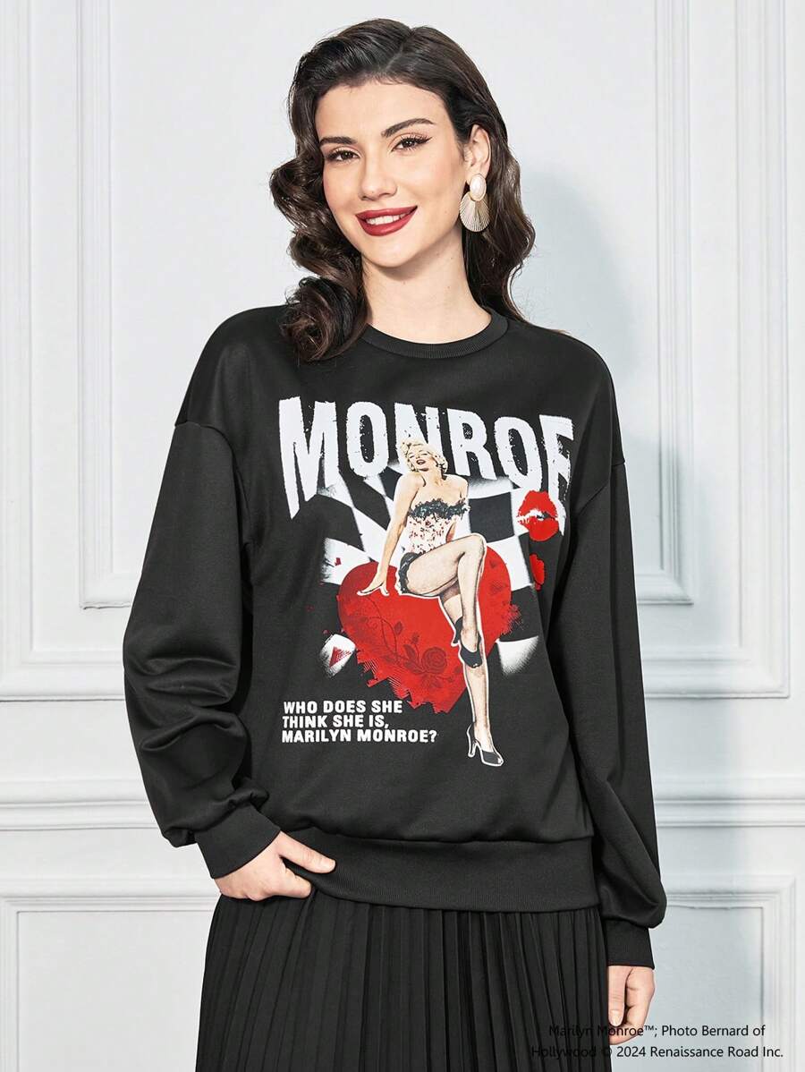Marilyn Monroe X SHEIN Women's Casual Figure & Slogan Print Loose Relaxed Fit Black Sweatshirt, Spring Autumn - Black - View 1