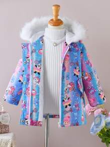 SHEIN Girls Casual Fashion Hooded Fur Collar Long Sleeve Mid-Length Loose Cartoon Gradient Print Thickened Warm Autumn Winter Jacket