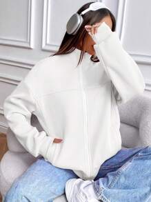 Flirla 休闲纯色保暖内衬连帽衫，秋冬季，长袖上衣