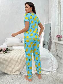 Lemon Print Short Sleeve Pajama Set - Dusty Blue - View 2