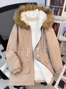 Abrigo medio holgado y cómodo de color beige para niña preadolescente, con capucha forrada y peludo cuello con bolsillos, abrigado para otoño e invierno