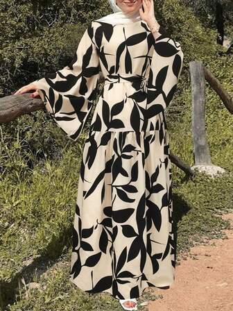 女式花卉印花喇叭袖休闲阿拉伯长袍连衣裙，端庄